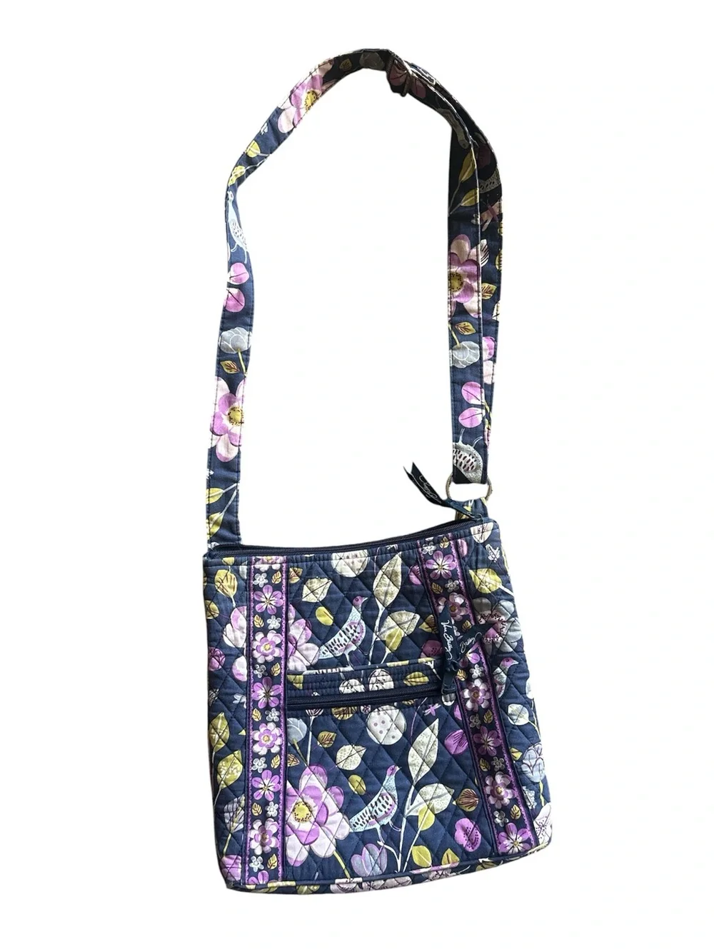 Vera Bradley Navy Quilted Floral and Bird Crossbody with Pink & Yellow Accents